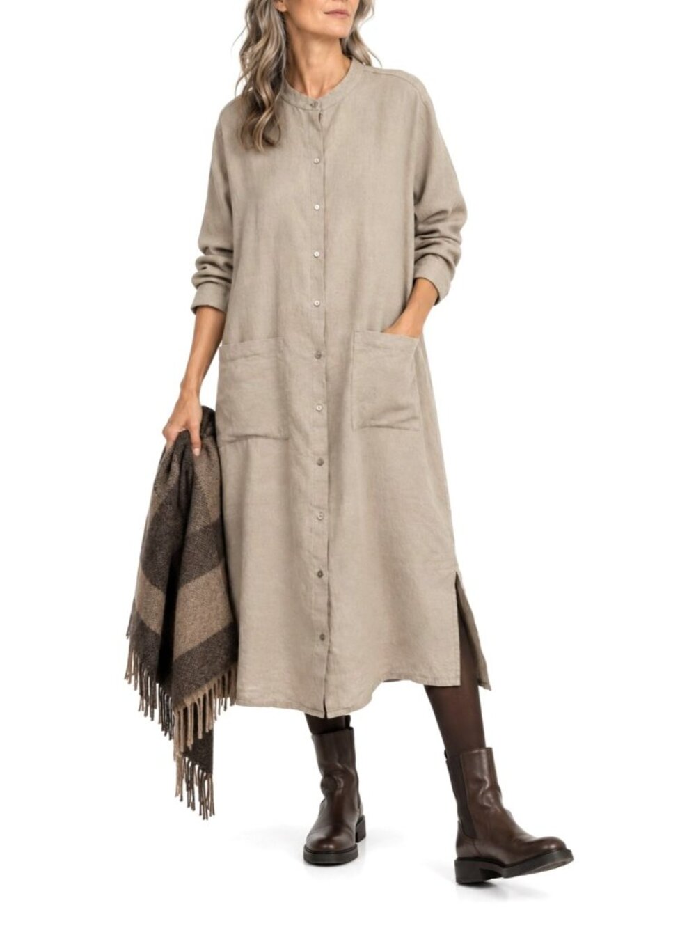 Eileen Fisher Mandarin Collar Dress Organic Linen Relaxed Lagenlook Midi